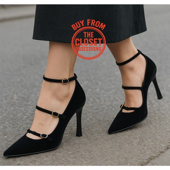 ZARA Blogger Fave!!! Pointed Toe Buckled Velvet High Heels NWT 🖤 - Picture 2 of 16